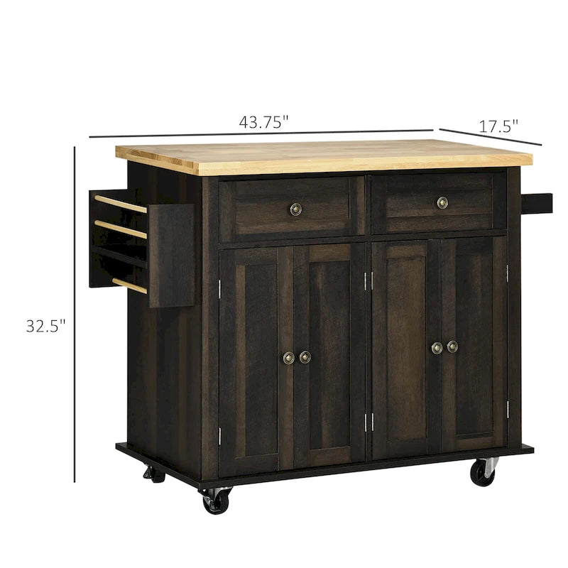 Carrello da Cucina in Quercia Marrone con Piano in Legno di Gomma, Portaspezie e Cassetti per 1 Persona