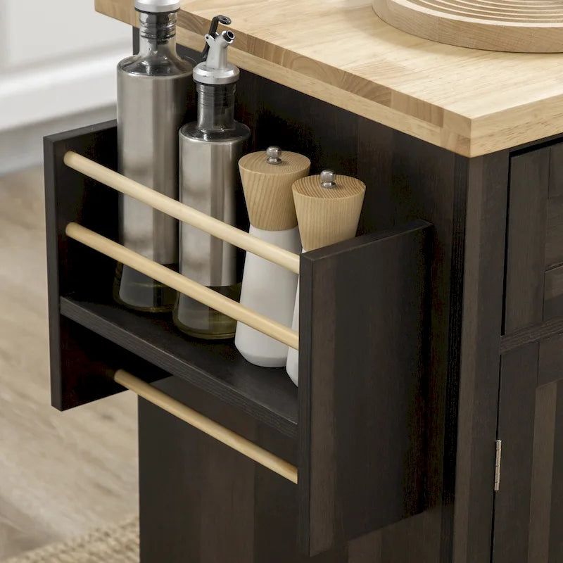 Carrello da Cucina in Quercia Marrone con Piano in Legno di Gomma, Portaspezie e Cassetti per 1 Persona
