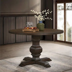 Tavolo da pranzo rotondo in MDF rivestito in rovere color espresso con base a piedistallo per 4 persone