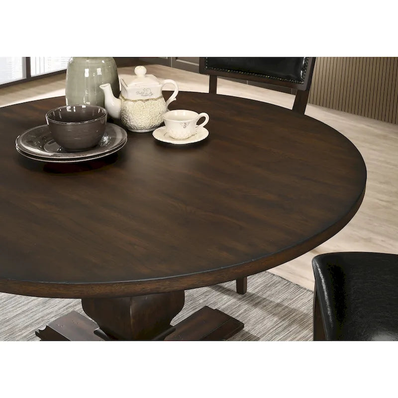 Tavolo da pranzo rotondo in MDF rivestito in rovere color espresso con base a piedistallo per 4 persone