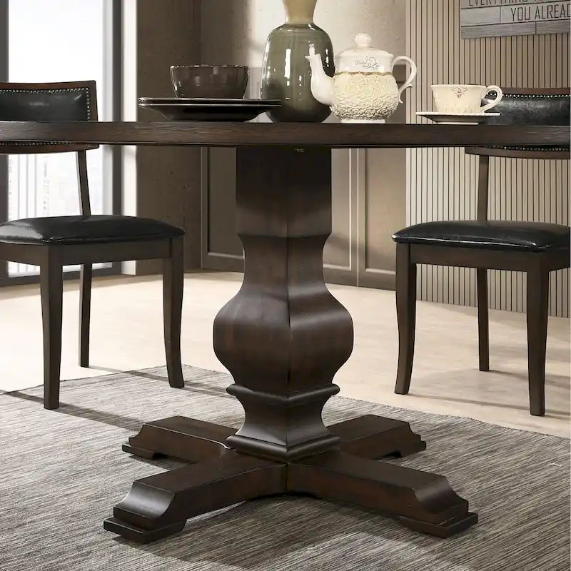 Tavolo da pranzo rotondo in MDF rivestito in rovere color espresso con base a piedistallo per 4 persone