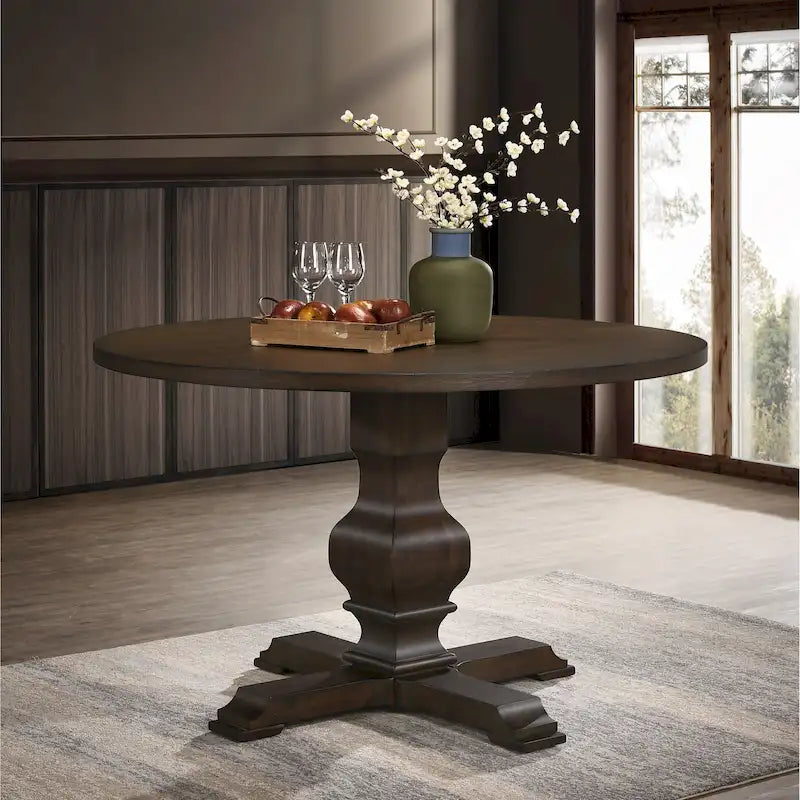 Tavolo da pranzo rotondo in MDF rivestito in rovere color espresso con base a piedistallo per 4 persone