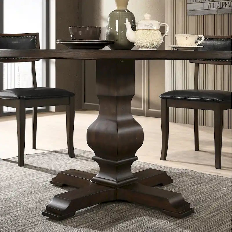 Tavolo da pranzo rotondo in MDF rivestito in rovere color espresso con base a piedistallo per 4 persone