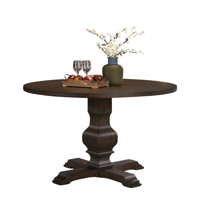 Tavolo da pranzo rotondo in MDF rivestito in rovere color espresso con base a piedistallo per 4 persone
