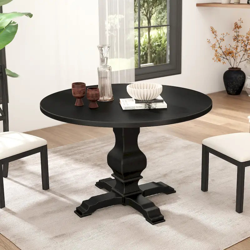 Tavolo da pranzo rotondo in MDF rivestito in rovere color espresso con base a piedistallo per 4 persone
