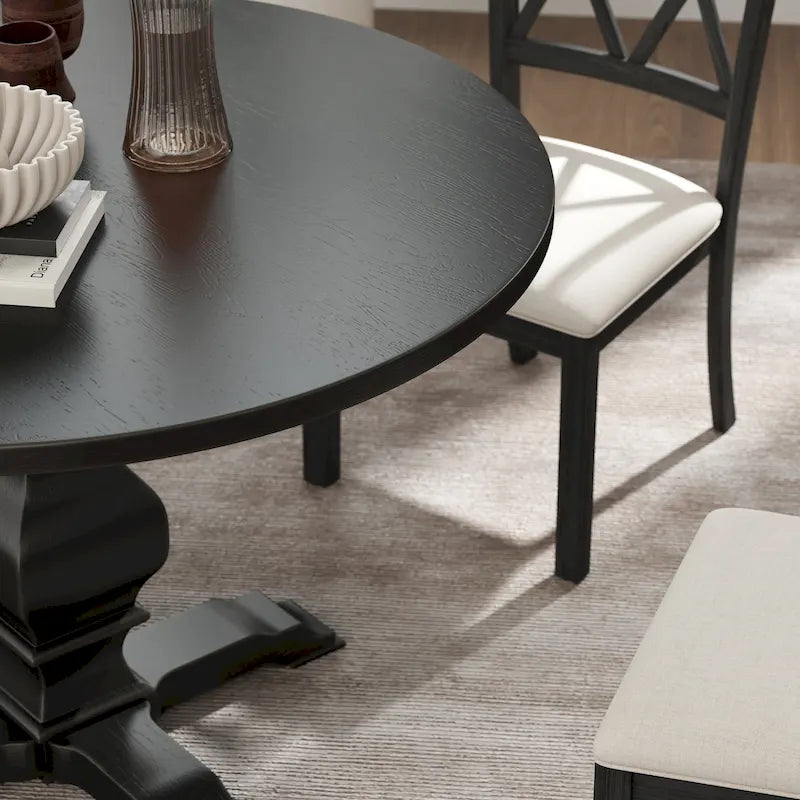 Tavolo da pranzo rotondo in MDF rivestito in rovere color espresso con base a piedistallo per 4 persone