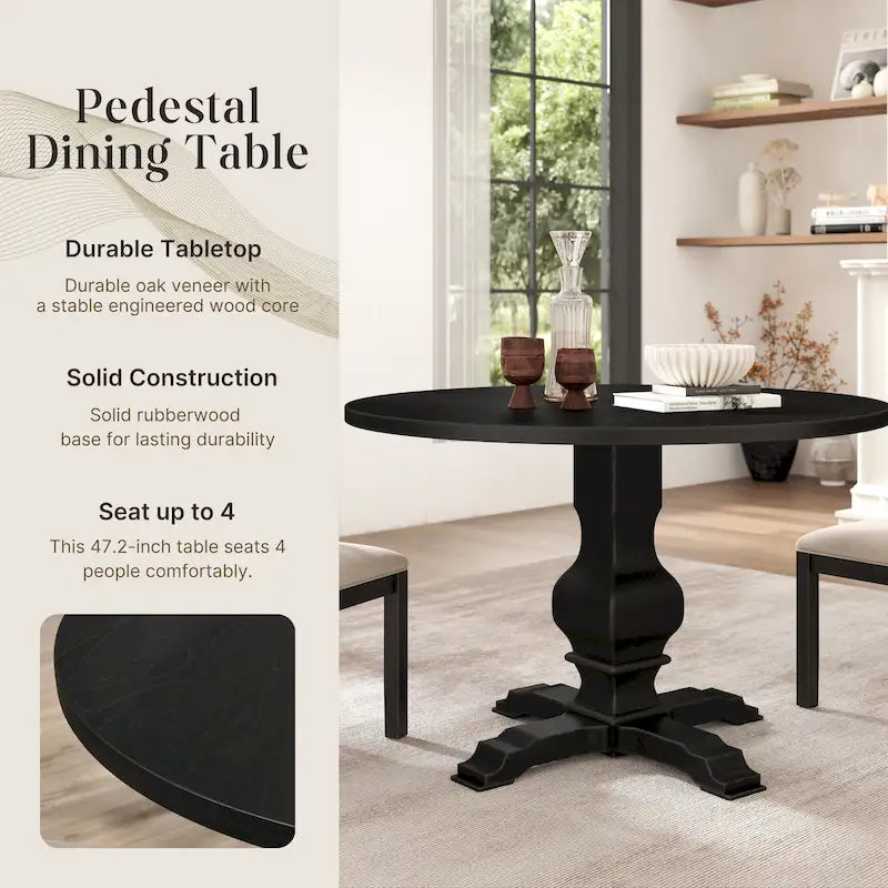 Tavolo da pranzo rotondo in MDF rivestito in rovere color espresso con base a piedistallo per 4 persone