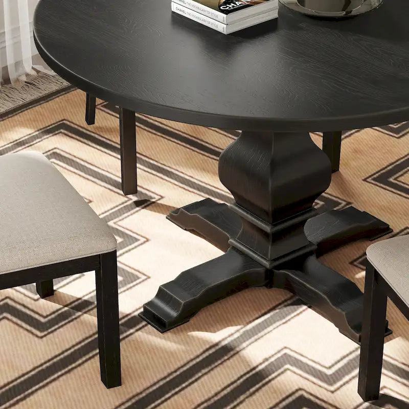 Tavolo da pranzo rotondo in MDF rivestito in rovere color espresso con base a piedistallo per 4 persone