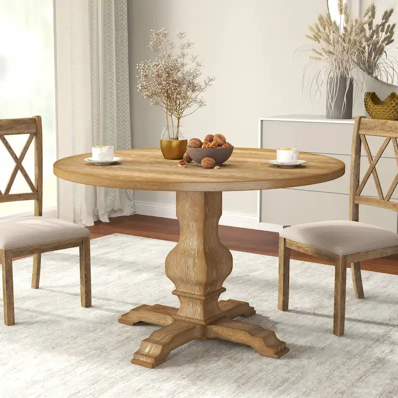 Tavolo da pranzo rotondo in MDF rivestito in rovere color espresso con base a piedistallo per 4 persone