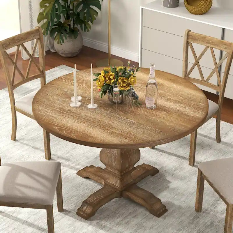 Tavolo da pranzo rotondo in MDF rivestito in rovere color espresso con base a piedistallo per 4 persone