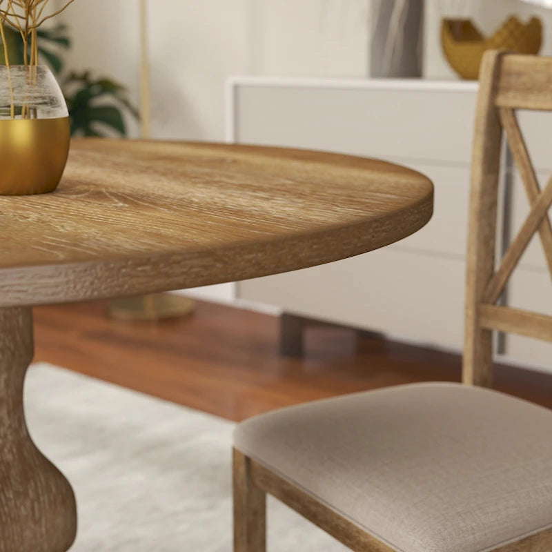 Tavolo da pranzo rotondo in MDF rivestito in rovere color espresso con base a piedistallo per 4 persone