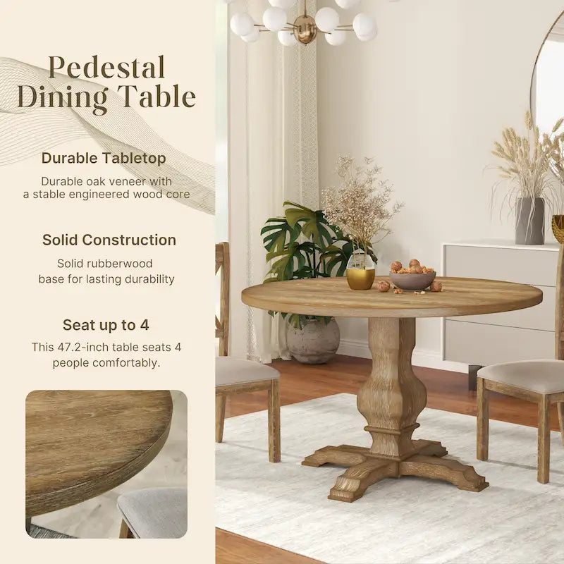 Tavolo da pranzo rotondo in MDF rivestito in rovere color espresso con base a piedistallo per 4 persone
