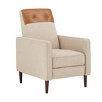 Poltrona reclinabile a spinta bicolore in lino caramello-beige/marrone chiaro, con schienale trapuntato in pelle rigenerata, per 1 persona