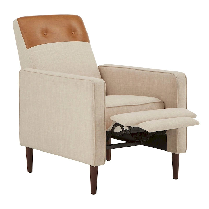 Poltrona reclinabile a spinta bicolore in lino caramello-beige/marrone chiaro, con schienale trapuntato in pelle rigenerata, per 1 persona