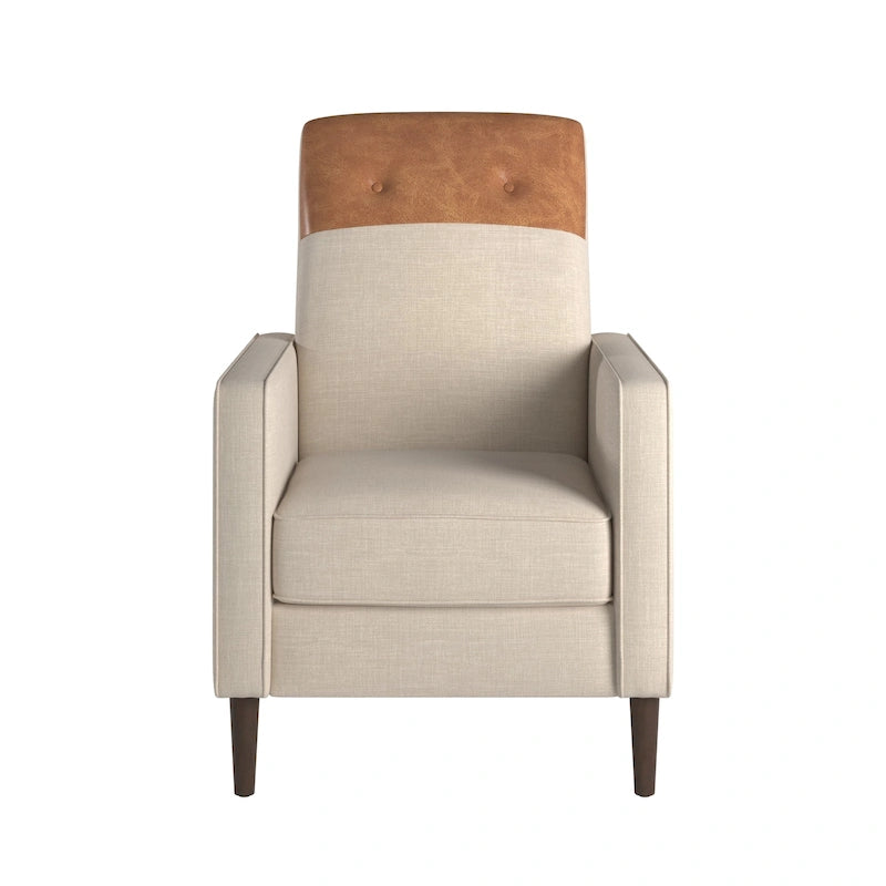 Poltrona reclinabile a spinta bicolore in lino caramello-beige/marrone chiaro, con schienale trapuntato in pelle rigenerata, per 1 persona