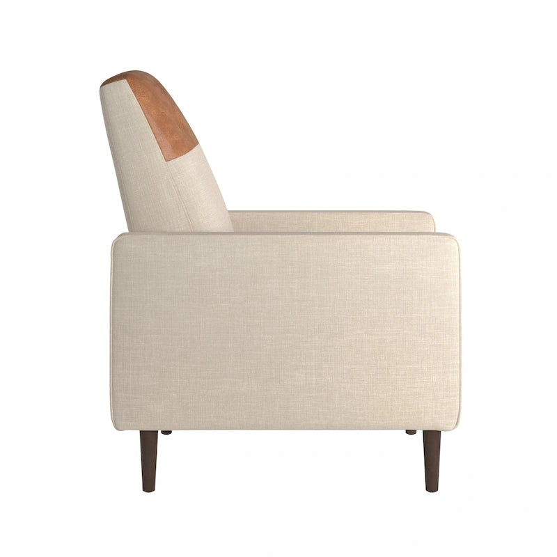 Poltrona reclinabile a spinta bicolore in lino caramello-beige/marrone chiaro, con schienale trapuntato in pelle rigenerata, per 1 persona