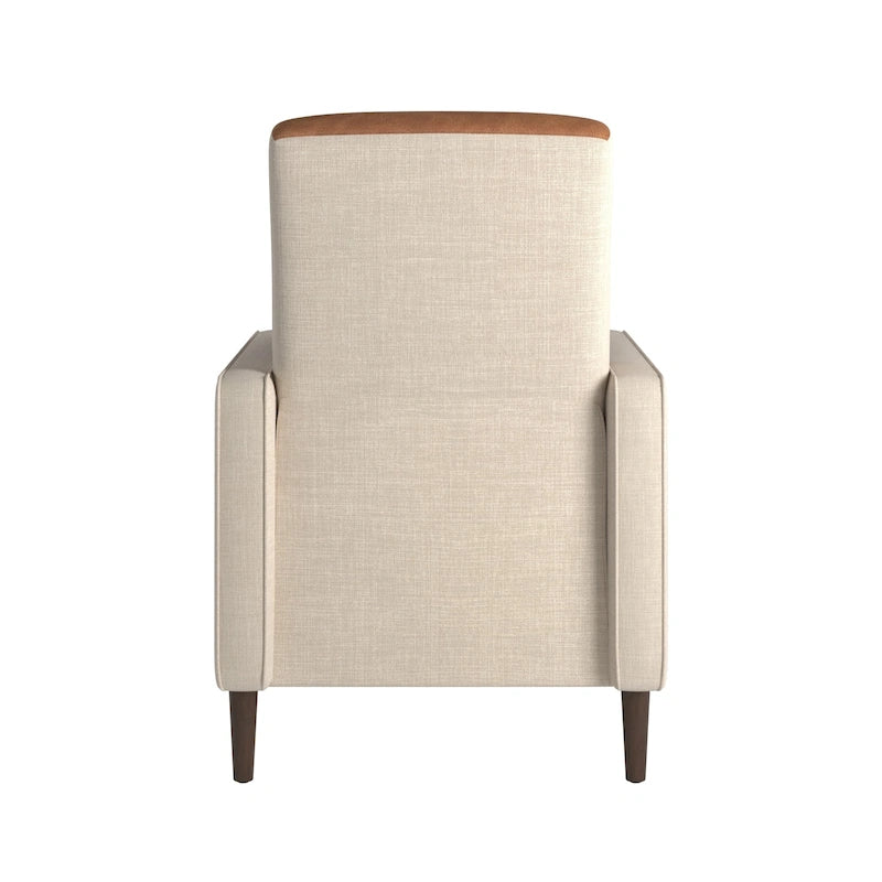 Poltrona reclinabile a spinta bicolore in lino caramello-beige/marrone chiaro, con schienale trapuntato in pelle rigenerata, per 1 persona