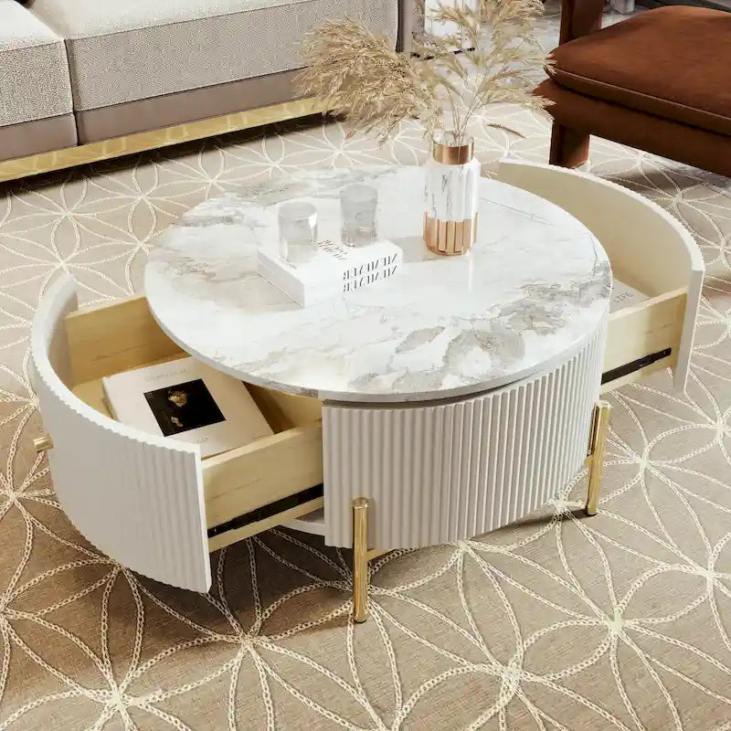 Tavolino rotondo in MDF bianco e oro/nero e oro con 2 cassetti per 1 persona