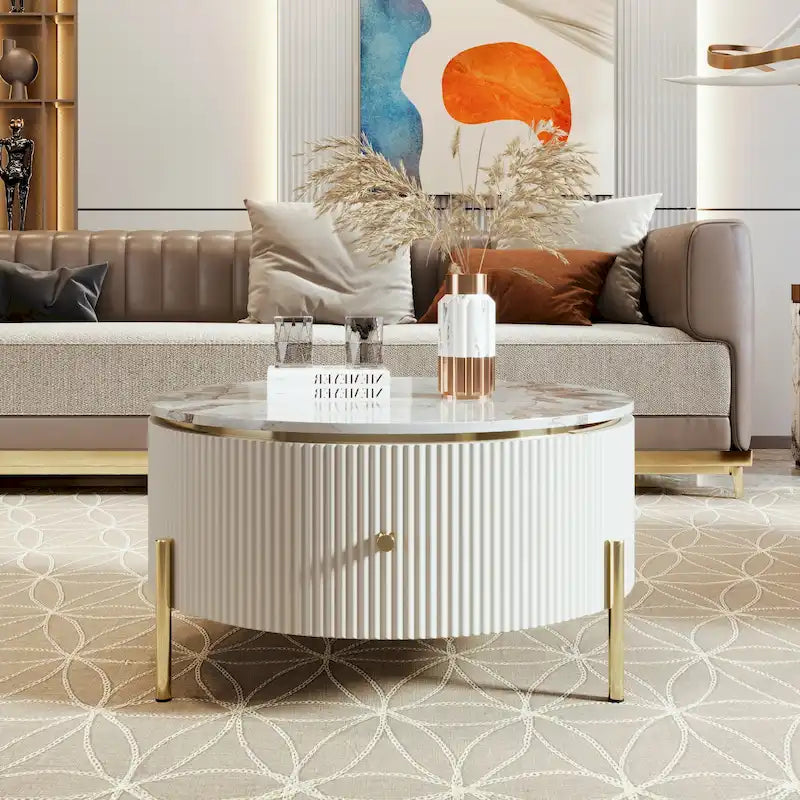 Tavolino rotondo in MDF bianco e oro/nero e oro con 2 cassetti per 1 persona