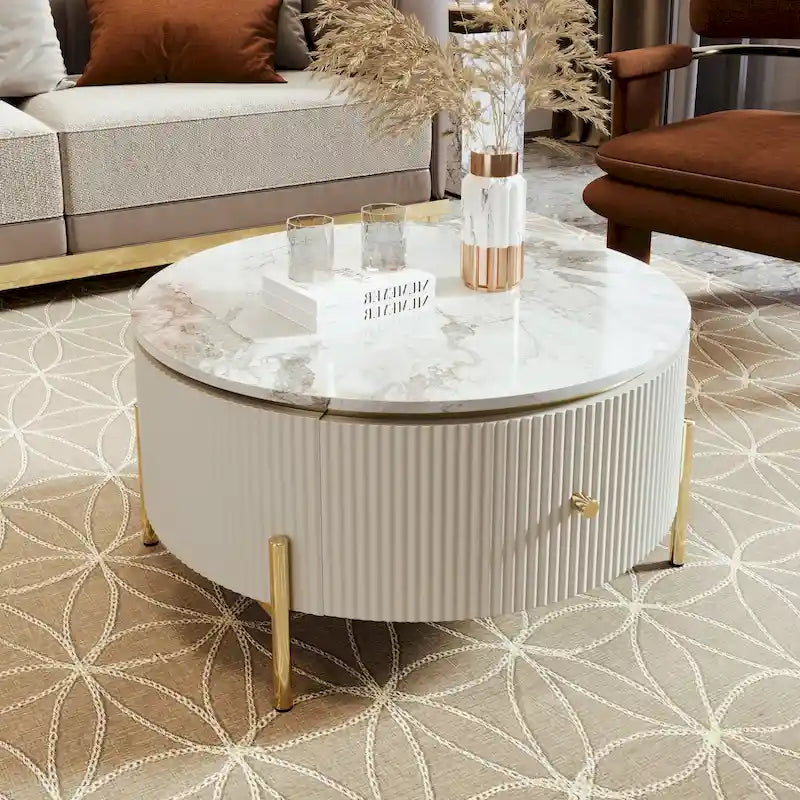 Tavolino rotondo in MDF bianco e oro/nero e oro con 2 cassetti per 1 persona