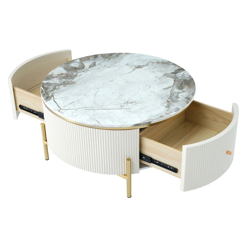 Tavolino rotondo in MDF bianco e oro/nero e oro con 2 cassetti per 1 persona