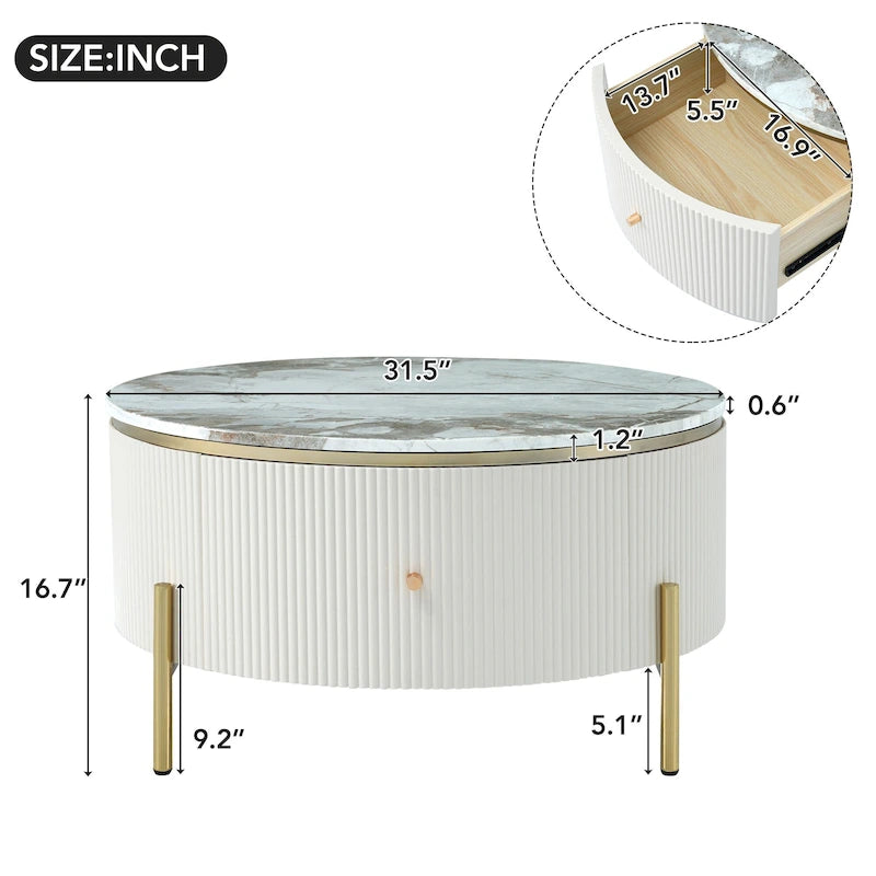 Tavolino rotondo in MDF bianco e oro/nero e oro con 2 cassetti per 1 persona