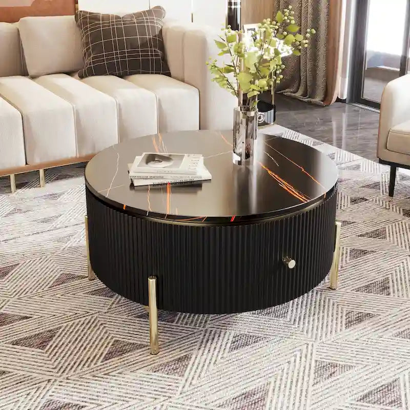 Tavolino rotondo in MDF bianco e oro/nero e oro con 2 cassetti per 1 persona