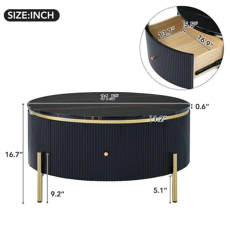 Tavolino rotondo in MDF bianco e oro/nero e oro con 2 cassetti per 1 persona