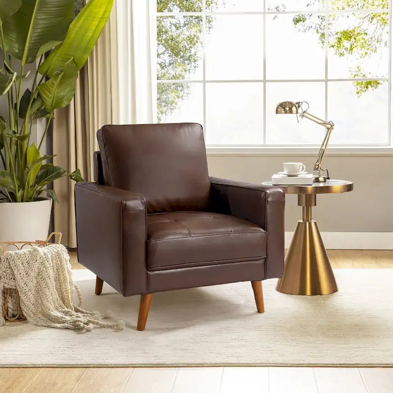 Poltrona per 1 persona in vera pelle Mid-Century Marrone / Blu scuro / Nera / Bordeaux / Cammello / Beige