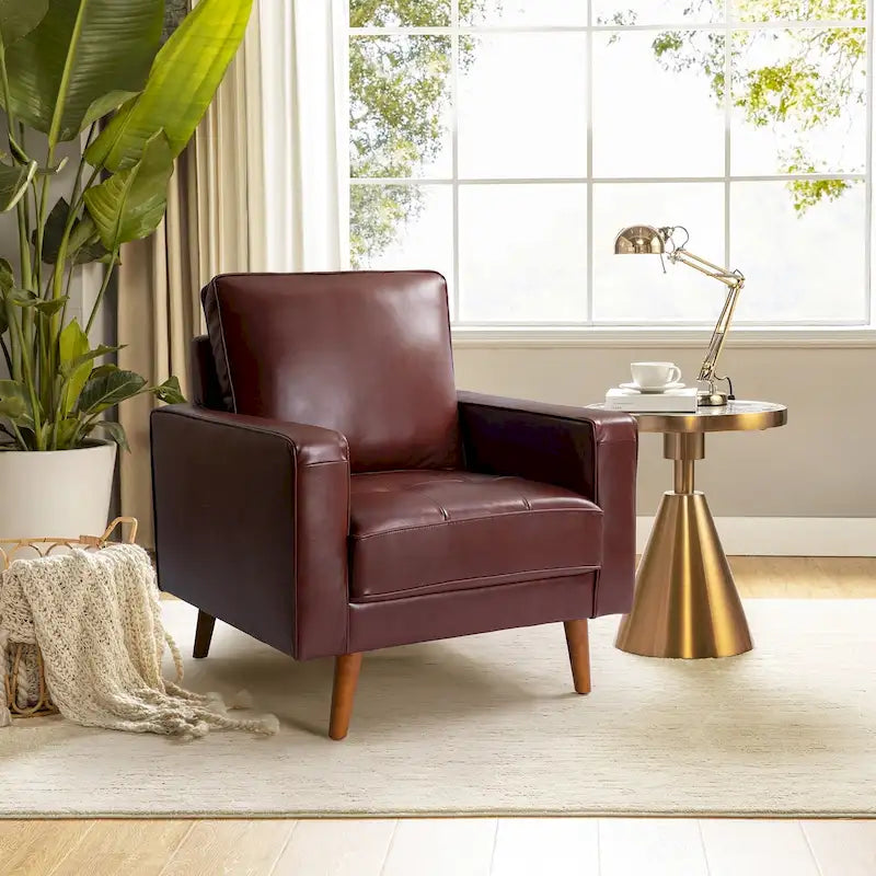 Poltrona per 1 persona in vera pelle Mid-Century Marrone / Blu scuro / Nera / Bordeaux / Cammello / Beige