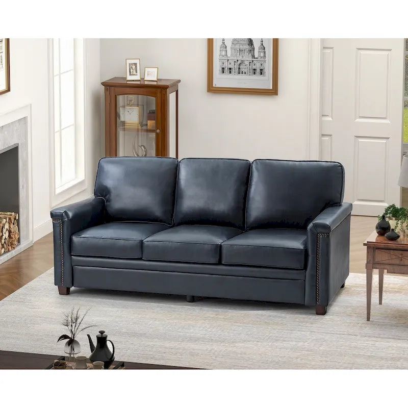 Divano a 3 posti di transizione in pelle blu navy/turchese/nero/marrone/cammello con borchie per 3 persone