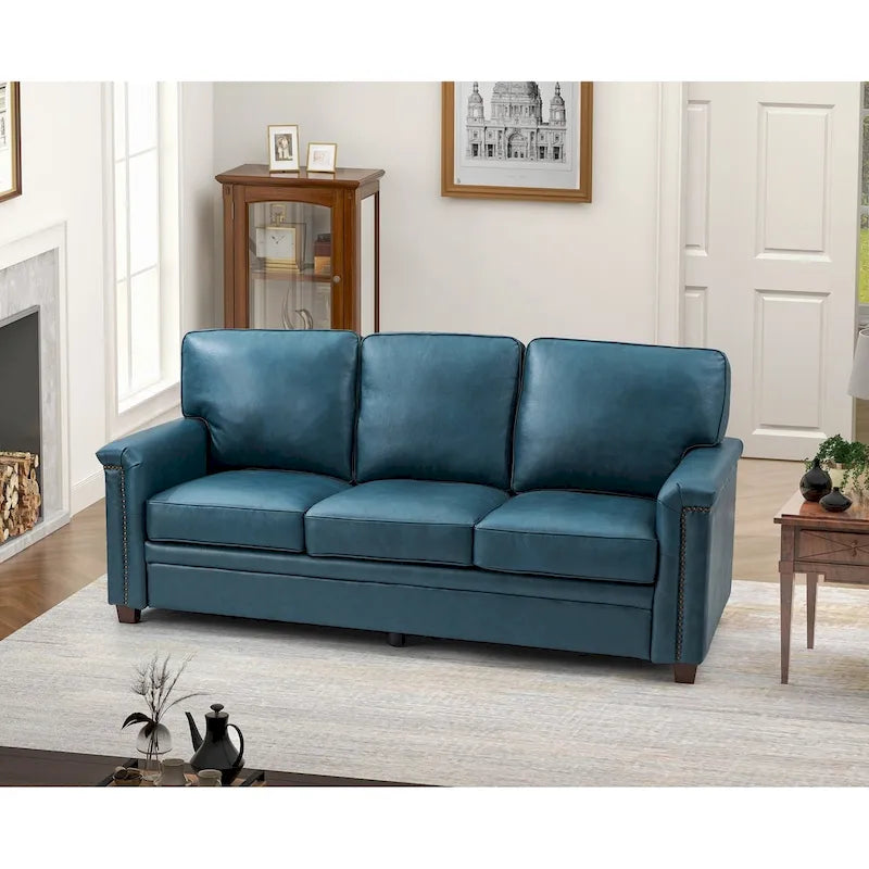 Divano a 3 posti di transizione in pelle blu navy/turchese/nero/marrone/cammello con borchie per 3 persone
