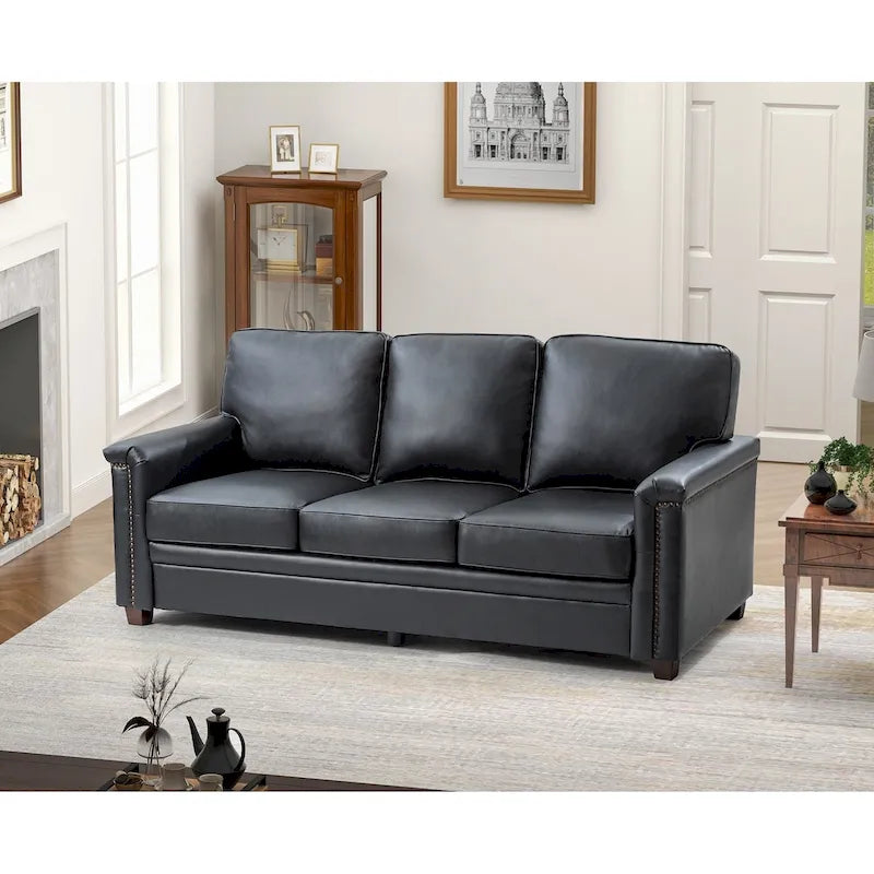 Divano a 3 posti di transizione in pelle blu navy/turchese/nero/marrone/cammello con borchie per 3 persone
