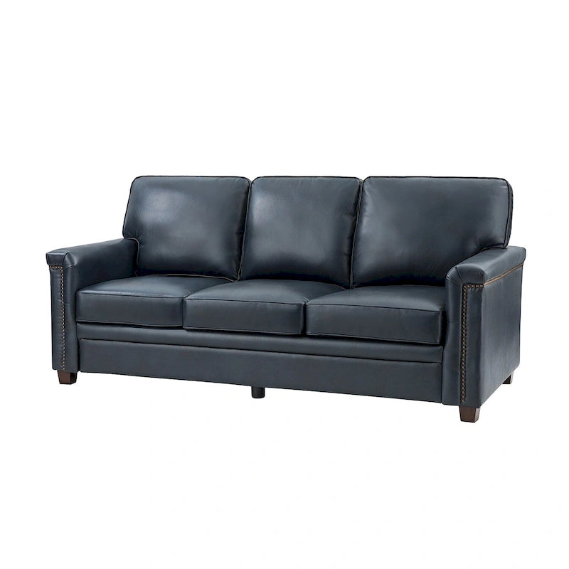 Divano a 3 posti di transizione in pelle blu navy/turchese/nero/marrone/cammello con borchie per 3 persone