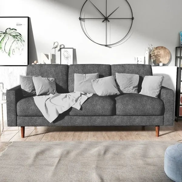 Divano moderno di metà secolo in velluto marrone/beige/rosso scuro/grigio/blu scuro con braccioli arrotolati e gambe in legno per 3 persone
