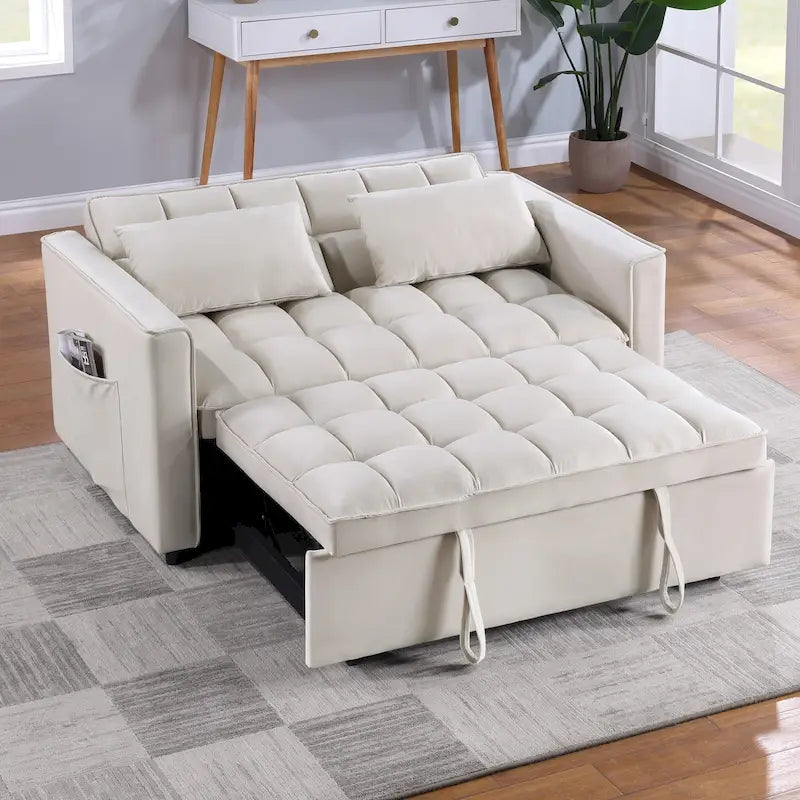 Divano letto convertibile a 2 posti in velluto trapuntato beige / blu / grigio