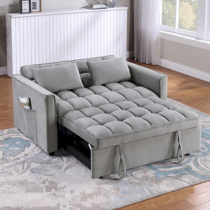 Divano letto convertibile a 2 posti in velluto trapuntato beige / blu / grigio