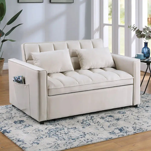 Divano letto convertibile a 2 posti in velluto trapuntato beige / blu / grigio