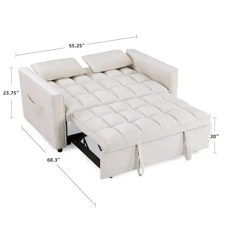 Divano letto convertibile a 2 posti in velluto trapuntato beige / blu / grigio