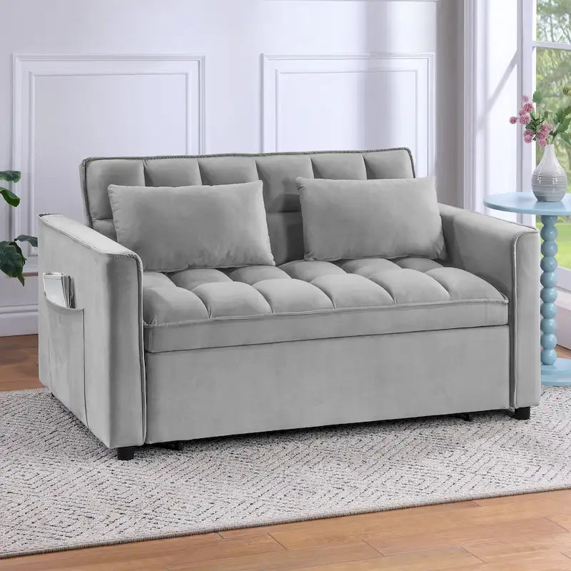 Divano letto convertibile a 2 posti in velluto trapuntato beige / blu / grigio