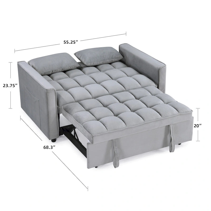 Divano letto convertibile a 2 posti in velluto trapuntato beige / blu / grigio