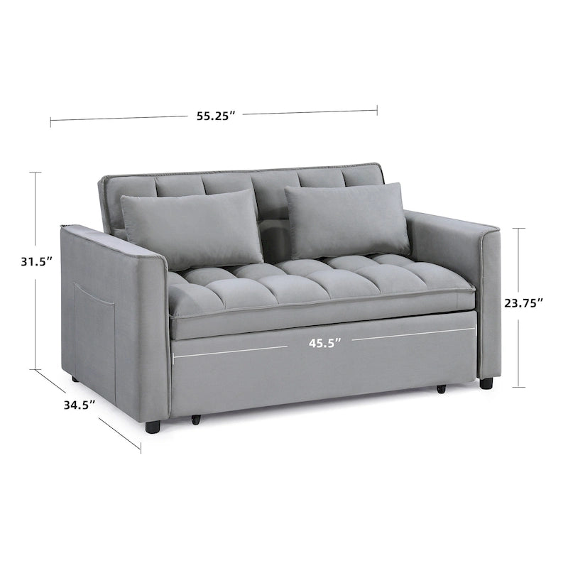 Divano letto convertibile a 2 posti in velluto trapuntato beige / blu / grigio