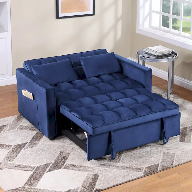 Divano letto convertibile a 2 posti in velluto trapuntato beige / blu / grigio