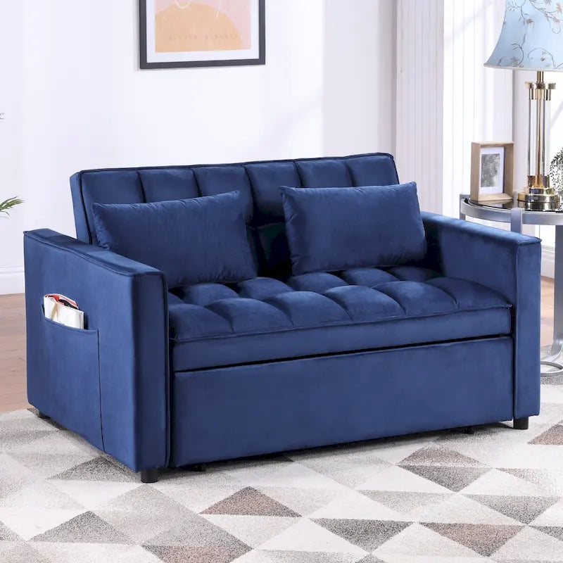 Divano letto convertibile a 2 posti in velluto trapuntato beige / blu / grigio