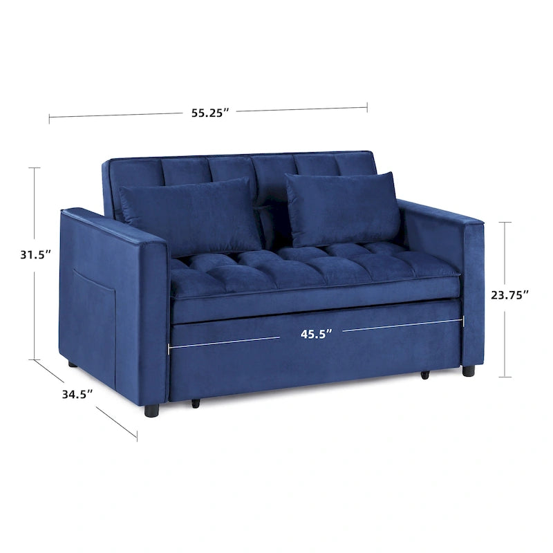 Divano letto convertibile a 2 posti in velluto trapuntato beige / blu / grigio