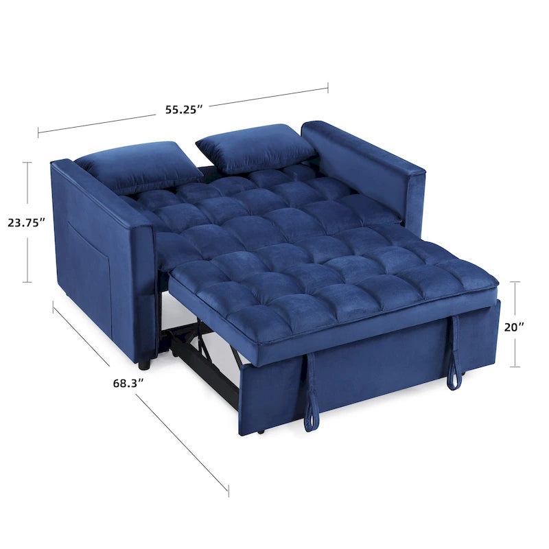 Divano letto convertibile a 2 posti in velluto trapuntato beige / blu / grigio