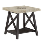Tavolino finale rustico con base a X, bordo vivo e impiallacciatura in legno di quercia/marrone/grigio/nero/cemento, con ripiano, per 1 persona
