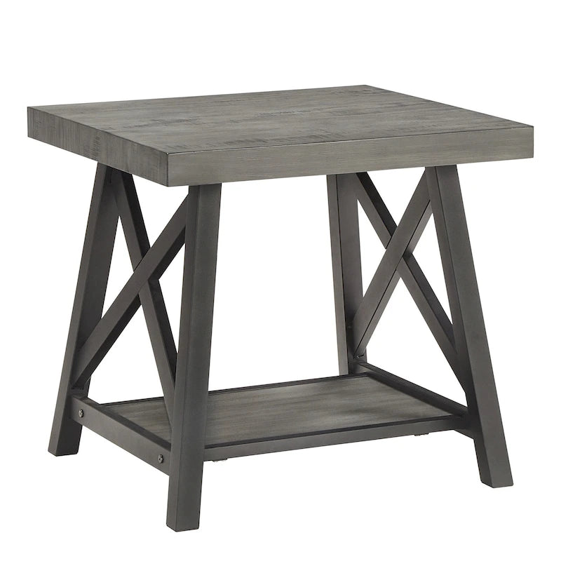 Tavolino finale rustico con base a X, bordo vivo e impiallacciatura in legno di quercia/marrone/grigio/nero/cemento, con ripiano, per 1 persona