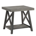 Tavolino finale rustico con base a X, bordo vivo e impiallacciatura in legno di quercia/marrone/grigio/nero/cemento, con ripiano, per 1 persona