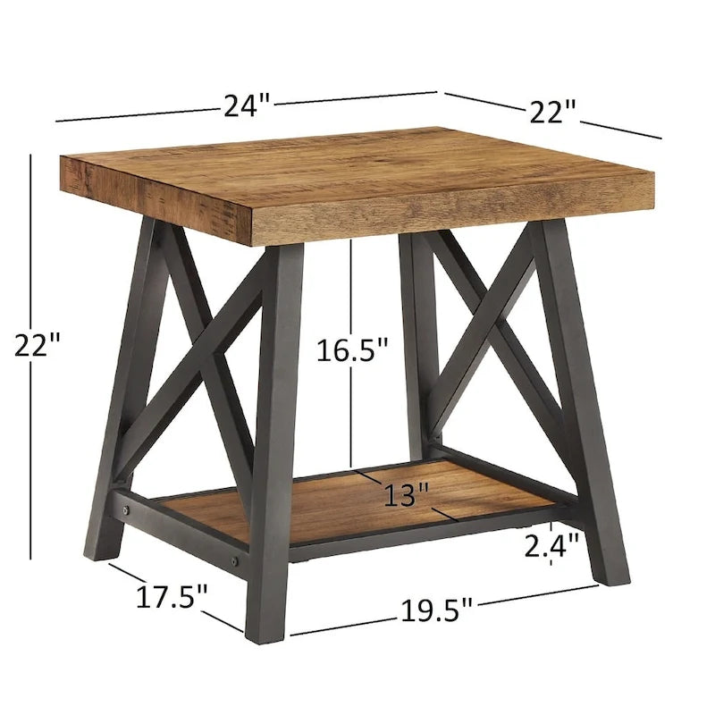 Tavolino finale rustico con base a X, bordo vivo e impiallacciatura in legno di quercia/marrone/grigio/nero/cemento, con ripiano, per 1 persona